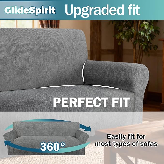 Waterproof Couch Cover, Stretch Non-Slip Sofa Slipcover with Elastic Bottom That Stays in Place - Leakproof Furniture Protector for Kids and Pets - Washable (Sofa, Light Gray)