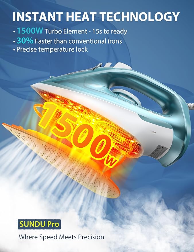 Sundu Burst steam Iron for Clothes - 1500W Iron with Ceramic Coated Soleplate, Rapid Heating, Self-Cleaning, Auto-Off, 11.84oz Water Tank, Precise Thermostat, Home Use Green