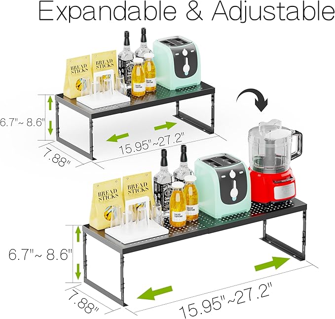 Adjustable Stackable Metal Storage Shelf Organizer - Expandable Wire Rack with Perforations for Kitchen, Pantry, Bathroom, Cabinet & Office-Compact, Durable & Sturdy (2PACKS/Medium/Black)