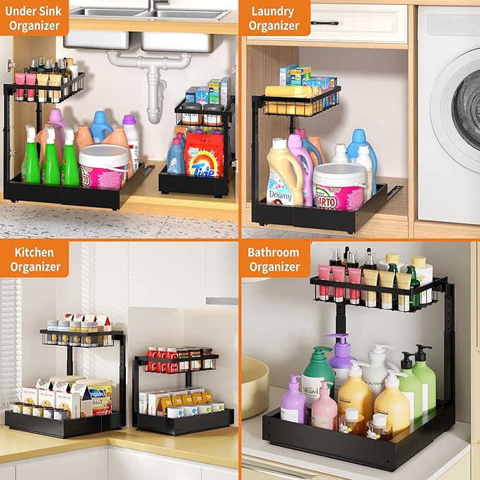 Expandable Under Sink Organizer and Storage, 2-Tier Adjustable Pull-Out Cabinet Organizers, Slide-Out Shelf with Width (9.9"-15.7") & Height (11.6"-15.6") for Kitchen & Bathroom