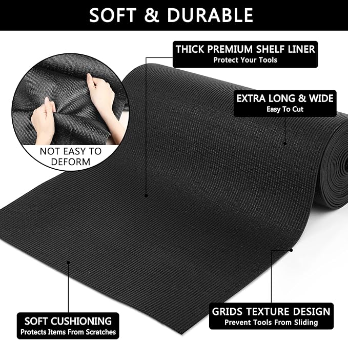 Foam Toolbox Liner Drawer Mat 1/8 Inch Thick X 35.4 Inch Wide X 9.8 Ft Long Black, No Slip for Protecting Cabinet, Garage, Cart, Tool Box