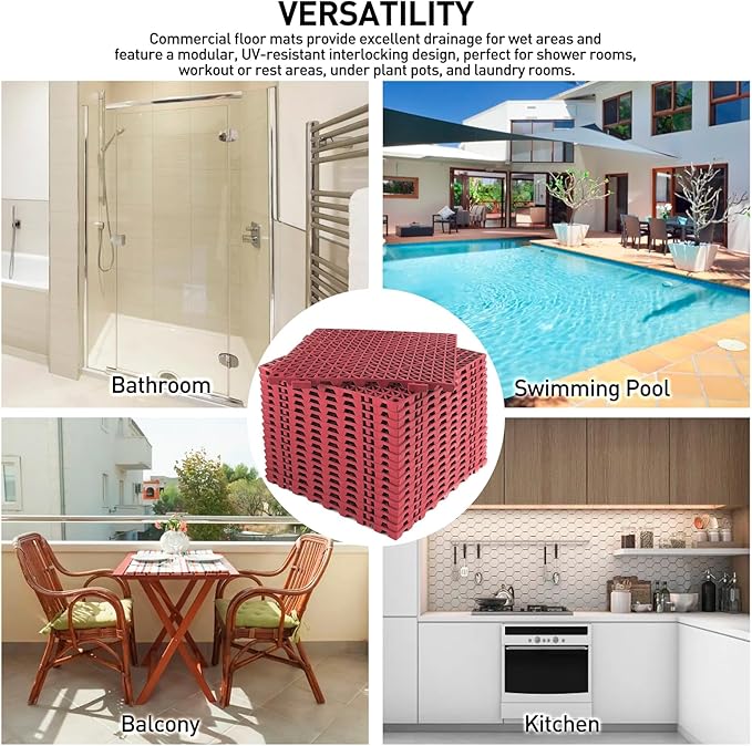 MAXWAVE 18 Pack 12" x 12" Modular Interlocking Floor Mats, Soft PVC Non-Slip Drainage Tiles, Splicing Rubber Cushion Flooring for Deck, Shower, Pool, Basement, Shed, Indoor and Outdoor Use