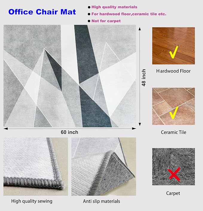 Office Chair Mat for Hardwood Floor & Low-Pile Carpet, 60"*48" Highly Premium Quality Under Desk Mat 3.86lbs Anti-Slip Rolling Chair Mat for Carpet/Laminate Floor Black White