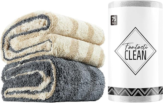 Fantasticlean Microfiber Towels Bundle, 75 Sheets Tear Away Cleaning Cloth Roll and 2 Pack Premium Drying Towel, for Home, car, Outdoor