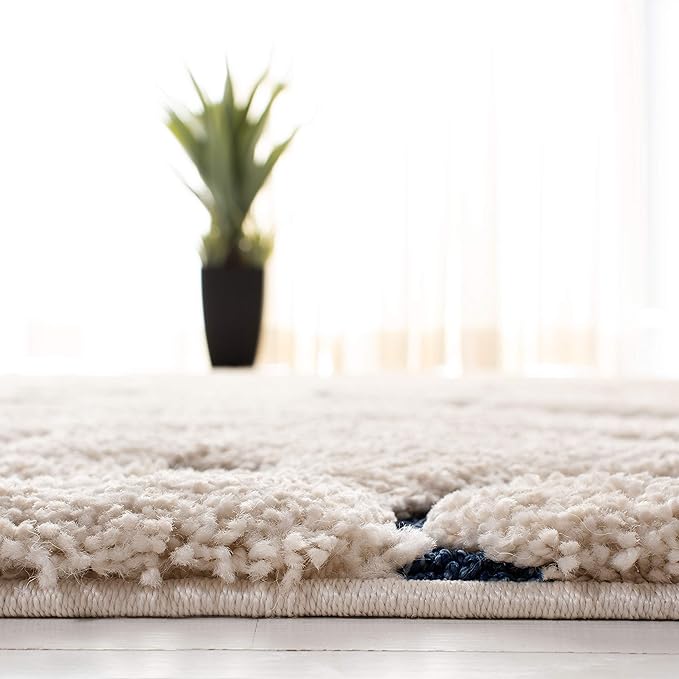 SAFAVIEH Florida Shag Collection Runner Rug - 2'3" x 19', Cream & Blue, Scroll Design, Non-Shedding & Easy to Clean, High-Low Plush Pile, Ideal for Bedroom, Foyer, Hallway (SG455-1165)
