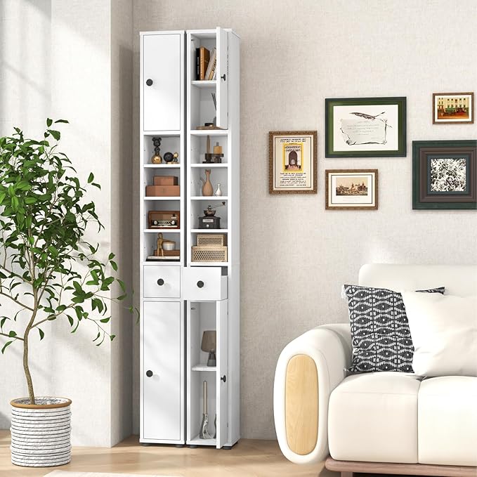 71" Tall Narrow Bathroom Storage Cabinet, Modern Skinny Toilet Paper Storage Organizer w/1 Drawer, 2 Doors & 5 Adjustable Shelves, Slim Tower Floor Cabinets for Small Spaces