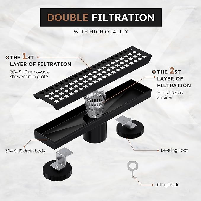 Linear Shower Drain 12 Inch, Modern Rectangle Shower Floor Drain with Removable Quadrato Pattern Grate, Stainless Steel SUS 304, Linear Drain with Leveling Feet& Hair Strainer
