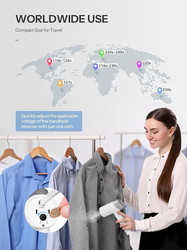 Travel Steamer for Clothes, Reemix Garment Steamer with Dual Voltage 100-240V for Wordwide Use, Foldable Handheld Garment Fabric Wrinkle Remover and Steam Iron 2-in-1, 20 Second Fast Heat-up (White)