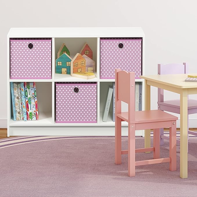 Furinno BASIC Book Shelf, 6-Cube Bookshelf with Open Shelf, 3 x 2 Bookcase with Storage Bins, Closed Back, Horizontal, 11.9" x 31.6" x 23.6", for Living Room, Bedroom, Home Office, White/Pink