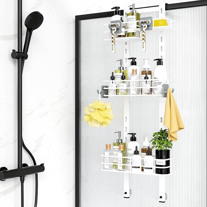 ODesign Over The Door Shower Caddy, 3-Tier Adjustable Hanging Shower Caddy with Soap Holder & 4 Hooks, Rustproof Bathroom Shower Organizer with Suction Cup, Shower Rack for Shampoo Razor - White