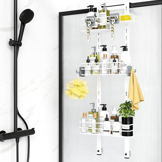 ODesign Over The Door Shower Caddy, 3-Tier Adjustable Hanging Shower Caddy with Soap Holder & 4 Hooks, Rustproof Bathroom Shower Organizer with Suction Cup, Shower Rack for Shampoo Razor - White