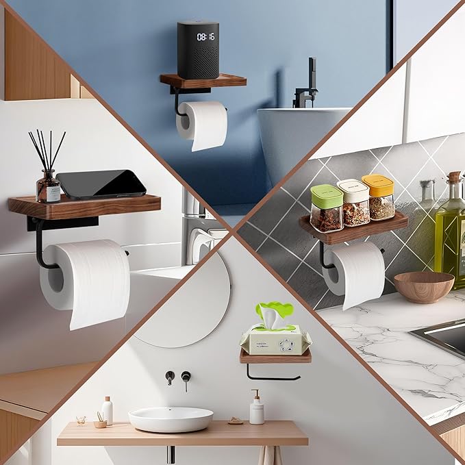 Toilet Paper Holder with Walnut Wood Shelf - Wall Mount & Self-Adhesive Bathroom Tissue Holder, Black Stainless Steel with Walnut Shelf for Phone - Home Apartment Restroom Decor Essentials