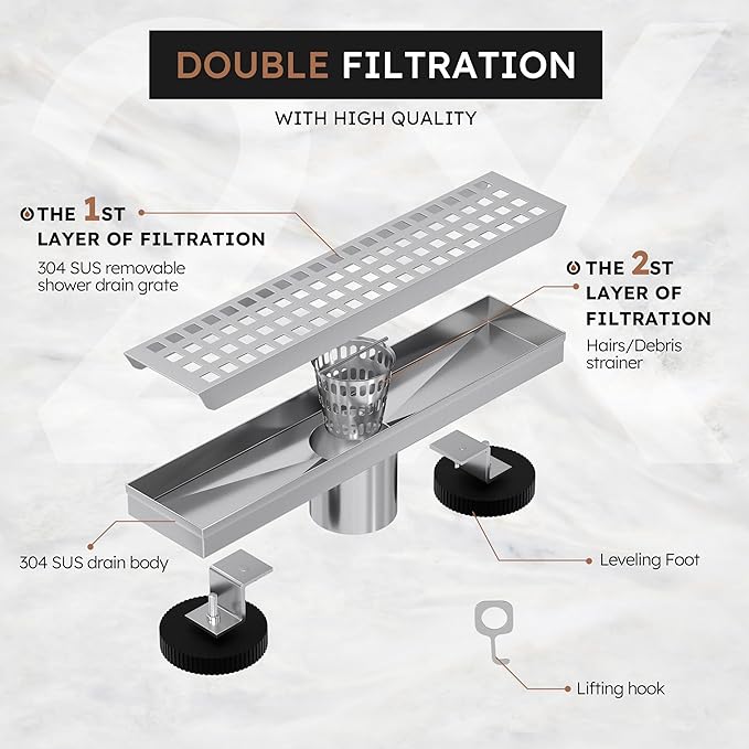 Linear Shower Drain 12 Inch, Modern Rectangle Shower Floor Drain with Removable Quadrato Pattern Grate, Stainless Steel SUS 304, Linear Drain with Leveling Feet& Hair Strainer