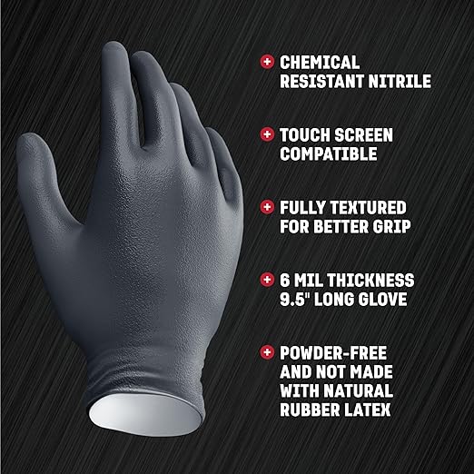 Venom Steel Industrial Nitrile Gloves, Chemical Resistant Disposable Black Gloves, Latex-Free, Powder-Free, Textured Grip, Heavy Duty Two-Layer Protection, 6 mil,Medium, 100 Count