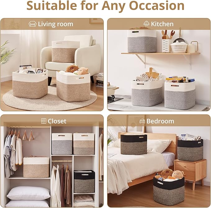 OIAHOMY 13 Kallax Inch Cube Storage Bins, 3-Pack Cotton Rope Woven Baskets for Organizing, Kallax Insert Storage Baskets for Shelves, Baby Nursery, Closet Organizer, 15 * 13 * 12.6IN, Brown & White