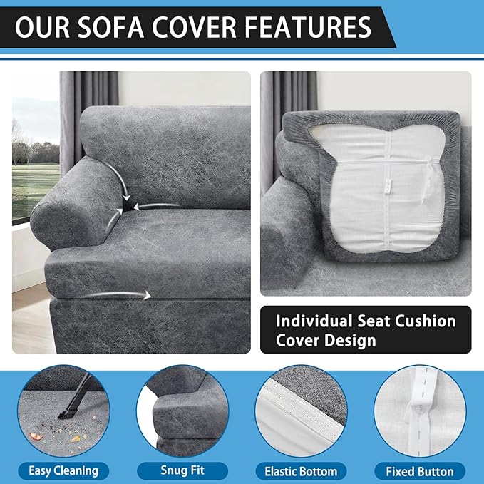 3-Pieces T Cushion Sofa Slipcovers Leather Look Couch Cover for 2 Cushion Couch Furniture Protector Stretch Sofa Cover with 2 Individual T Cushion Seat Covers Washable, Light Grey