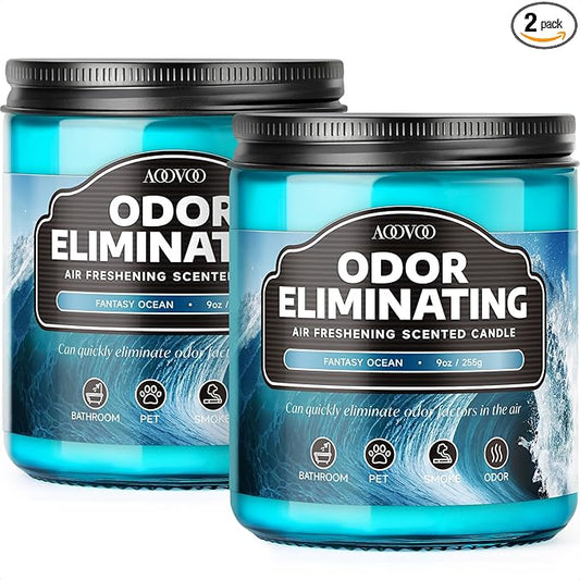 AOOVOO Ocean 2 Pack Odor Eliminating Highly Fragranced Candle - Eliminates 95% of Pet, Smoke, Food and Other Smells Quickly, Non Toxic Air Freshing Soy Candle, 18 oz Up to 100 Hours Burn time