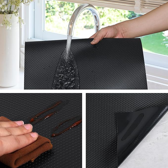 Black Shelf Liners for Kitchen Cabinets Non Adhesive Drawer Liner for Bathroom Waterproof Refrigerator Liners for Shelves Fridge Plastic Mats Cabinet Cupboard Liner 17.5 x 236.2 Inches
