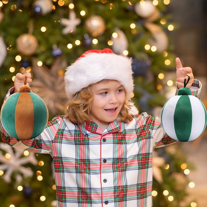 2 Pcs Christmas Pillows 7 Inch Round Christmas Ornament Shaped Throw Pillow Cute 3D Ball Xmas Throw Cushion Decoration for Bed Couch Sofa Chair Living Room(Brown Green,White)