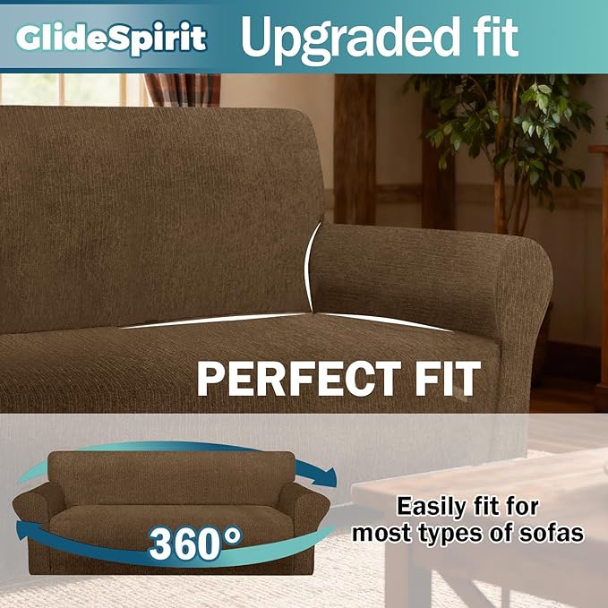 Waterproof Couch Cover, Stretch Non-Slip Sofa Slipcover with Elastic Bottom That Stays in Place - Leakproof Furniture Protector for Kids and Pets - Washable (Sofa, Chocolate)
