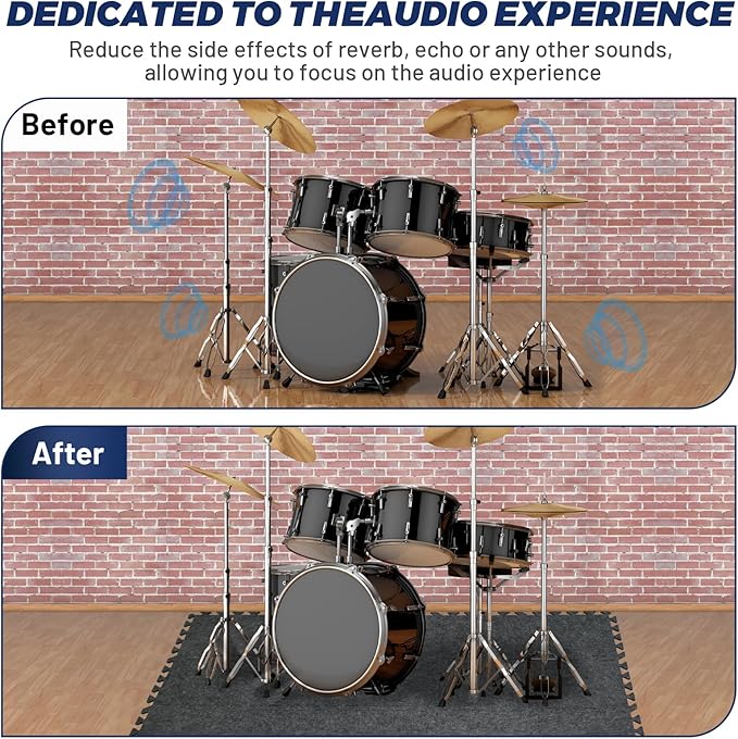Focusound 20Pcs Sound Absorbing Interlocking Drum Rug, 11.8 x 11.8 x 0.4 inches High Density Soundproof Floor Mats, Non-Slip Anti Vibration Piano Carpet Drum Mat for Music Studio, Grey