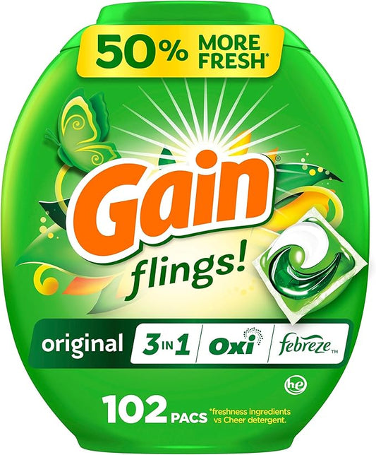 Gain Flings Laundry Detergent Pacs, 102 Count, Original Scent, with Odor Defense, concentrated laundry soap pacs