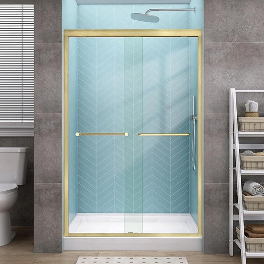 GETPRO Sliding Shower Door 44-48 in. W x 72 in. H Semi-Frameless Bypasss Double Sliding Glass Shower Doors,1/4 inch Clear Tempered Glass Door for Walk-in Shower Brushed Gold