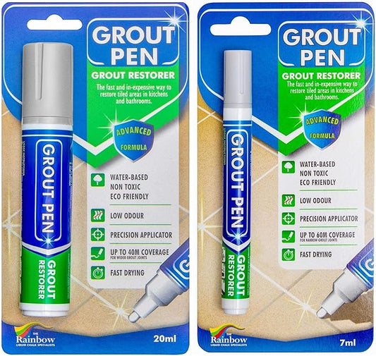 Grout Pen Tile Paint Marker: Waterproof Grout Colorant and Sealer Pen to Renew, Repair, and Refresh Tile Grout - Cleaner Coating Stain Pens - 2 Pack, 5mm Narrow and 15mm Wide Tip Pen - Light Grey
