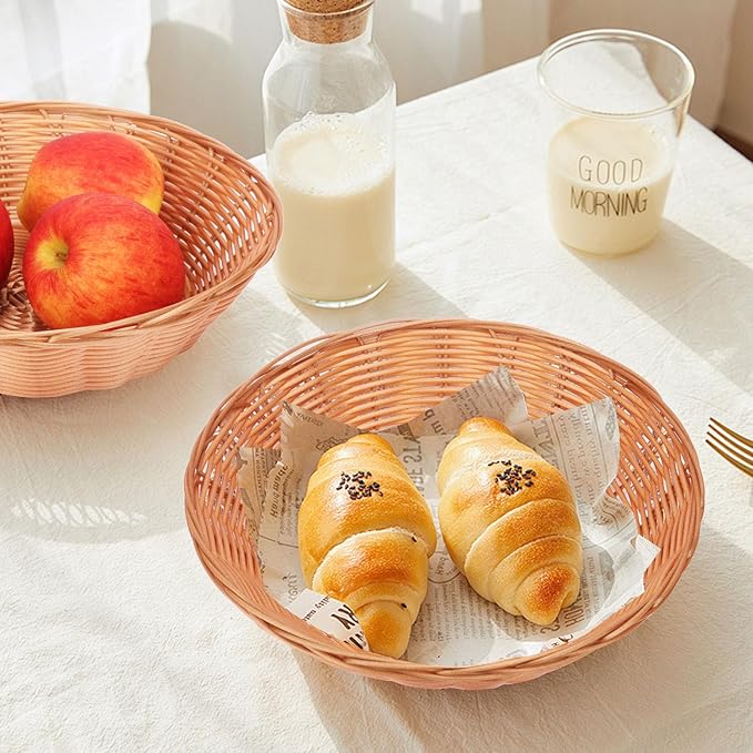 9.5 Inch Round Poly Wicker Baskets - Bulk 11 Pack for Serving, Empty Gifts, Small Wicker - Durable Bread and Food Serving for Home & Restaurant Use