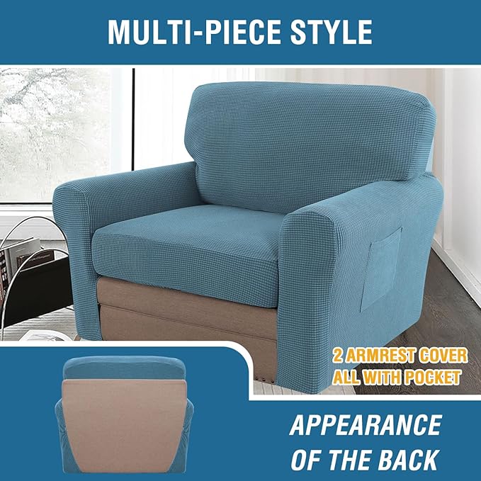 H.VERSAILTEX Multi-Pieces Chair Covers Stretch Couch Covers Form Fitted Seat and Back Cushions Covers (1 Seat Cover Plus 1 Back Cusion Cover, Bonus 2 Armrest Covers), Storm Blue