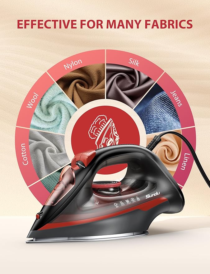 Steam Iron for Clothes, 3-Way Auto Shutoff, Ceramic-Coated Soleplate with Burst Steam, Anti-Drip and Anti-Calc, Self-Cleaning, 1500W Powerful for Home Use