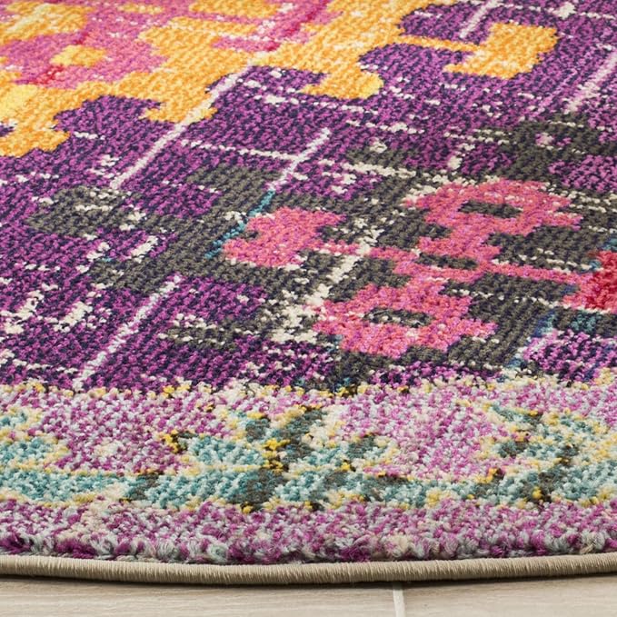 SAFAVIEH Monaco Collection 6'7" Round Purple / Multi MNC244P Boho Diamond Trellis Non-Shedding Dining Room Entryway Foyer Living Room Bedroom Area Rug
