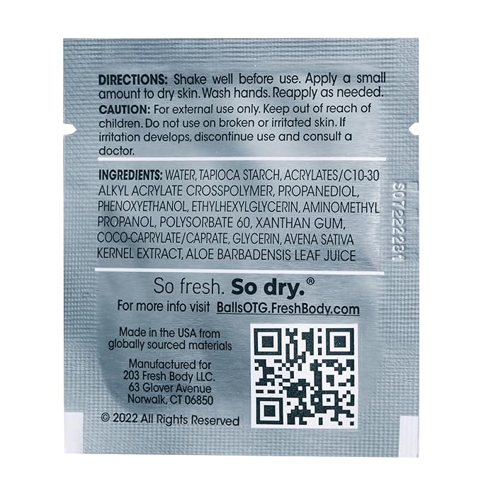 Fresh Body FB - Fresh Balls On-The-Go Anti Chafing Lotion, 0.07 Fl Oz Travel Size Packet (30 Pack) - Ball Deodorant for Men and Soothing Chafing Cream to Powder Hygiene for Groin Area