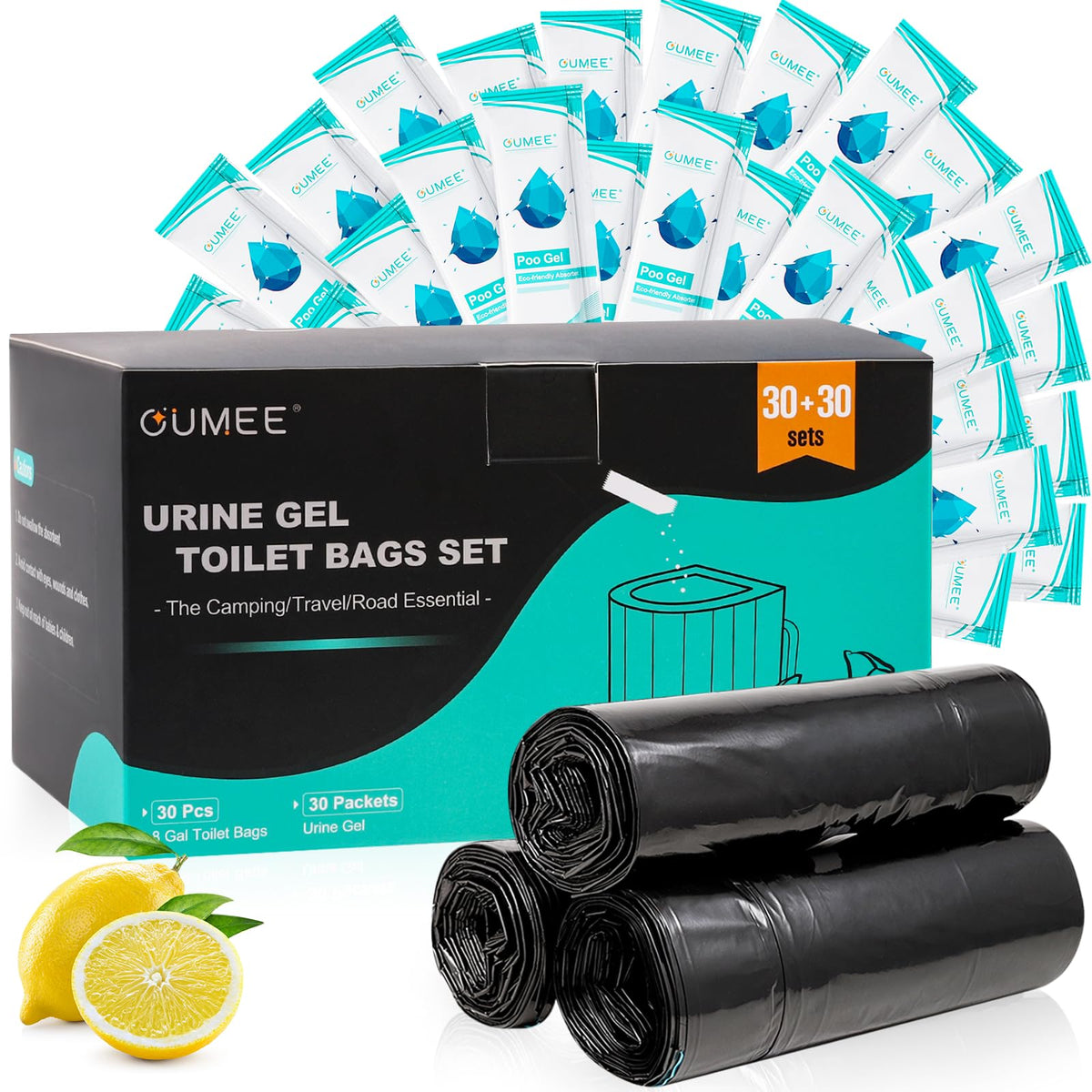 OUMEE Lemon 30 Portable Toilet Bags with 30 Poo Gel Set, 8 Gallon - Image 1