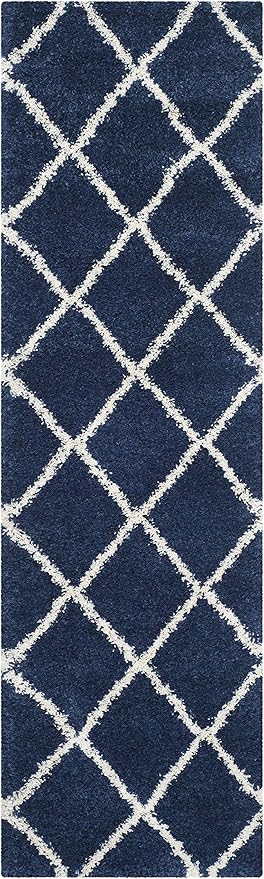 SAFAVIEH Hudson Shag Collection Runner Rug - 2'3" x 12', Navy & Ivory, Modern Trellis Design, Non-Shedding & Easy Care, 2-inch Thick Ideal for High Traffic Areas in Living Room, Bedroom (SGH281C)