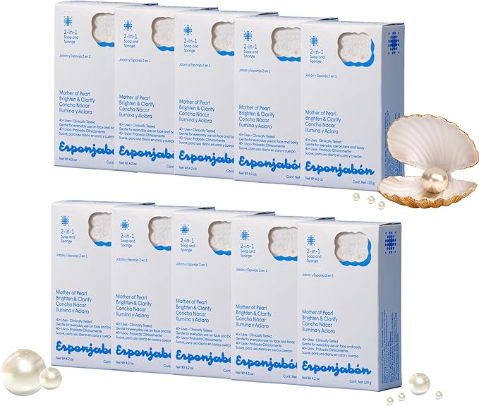 T.Taio Esponjabon Mother of Pearl Soap Sponge - Cleansing Shower Scrubber - Cleaning Bath Wash Scrub - Oil Removal - Massage & Lather Foot, Elbow, & Face - Bathroom Accessories - Fresh Scent (10-pack)