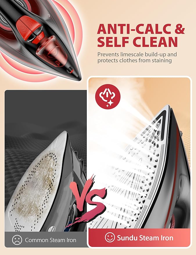 Steam Iron for Clothes, 3-Way Auto Shutoff, Ceramic-Coated Soleplate with Burst Steam, Anti-Drip and Anti-Calc, Self-Cleaning, 1500W Powerful for Home Use