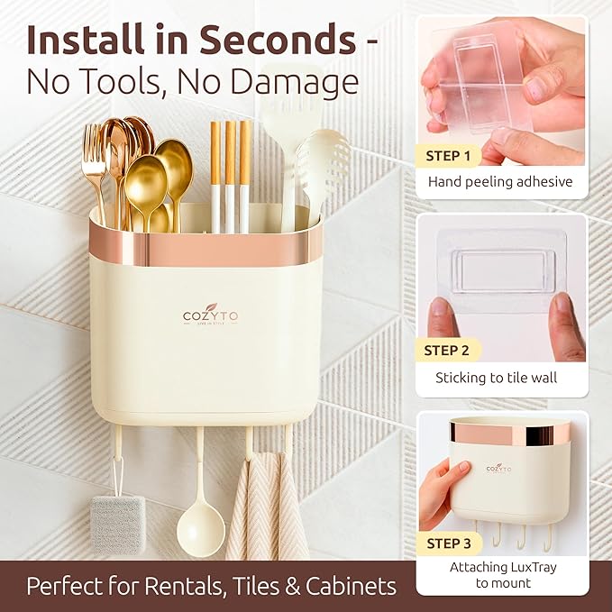 COZYTO LuxTray U1-Pro Wall Mounted Utensil Holder – Kitchen Organizer with Hooks, Dividers & Drain Tray, No-Drill Adhesive Wall Mount Storage, BPA-Free (Cream White & Rose Gold)