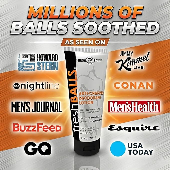 FRESH BALLS Lotion Anti-Chafing Cream Ball Deodorant for Men - Men's Anti-Chafe Lotion to Powder & Hygiene for Groin Area - Aluminum-Free, Talc-Free, 3.4 oz