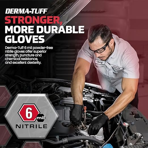 Derma-Tuff Powder Free Nitrile Disposable Gloves 6 Mil - Lg 120 Ct Latex Free, Chemical + Puncture Resistant, Fully Textured Grip, Beaded Cuff, for Automotive, Maintenance, Industrial 66583
