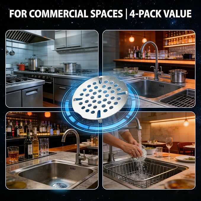 3.5 Inch Commercial Sink Strainer, Durable Drain Cover for Most 3-Tier & Commercial Sinks, Twist Design for Easy Installation, 4-Pack
