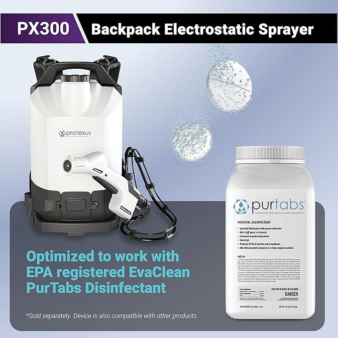 EvaClean Protexus PX300 Backpack Electrostatic Sprayer Cordless Coverage, 4hr Rechargeable 16.8V Battery - 4 Ft Hose, 2.25 Gallon Tank, 60-Micron Nozzle