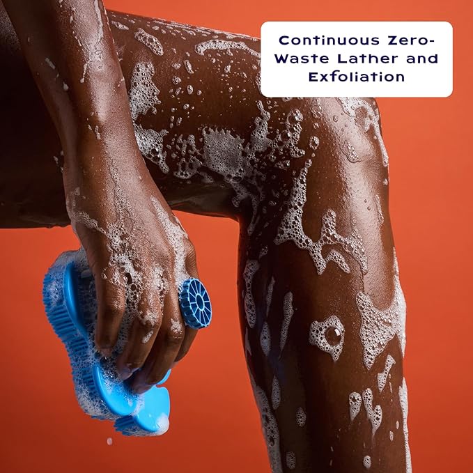 Smoosh® Body Scrubber, Blue & 2-Count Bar Soap, Cedarwood Bergamot - Silicone Body Scrubber with Embedded Bar Soap for Shower Exfoliation and Cleansing