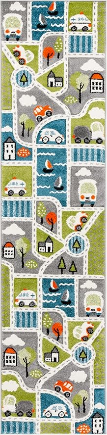SAFAVIEH Carousel Kids Collection Runner Rug - 2'3" x 8', Green & Grey, Non-Shedding & Easy Care, Ideal for High Traffic Areas for Boys & Girls in Playroom, Nursery, Bedroom (CRK193Y)