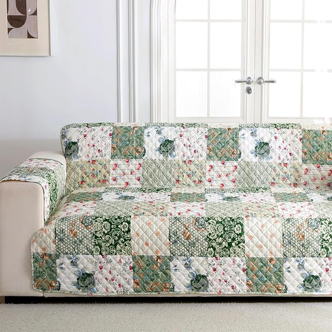 Cmfshape Skidproof Sofa Cover-Green Sofa Slipcover with Elastic Straps-Easy Fit Slip Cover-Patchwork Washable Furniture Protector for Pets and Kids(Sofa,Green)