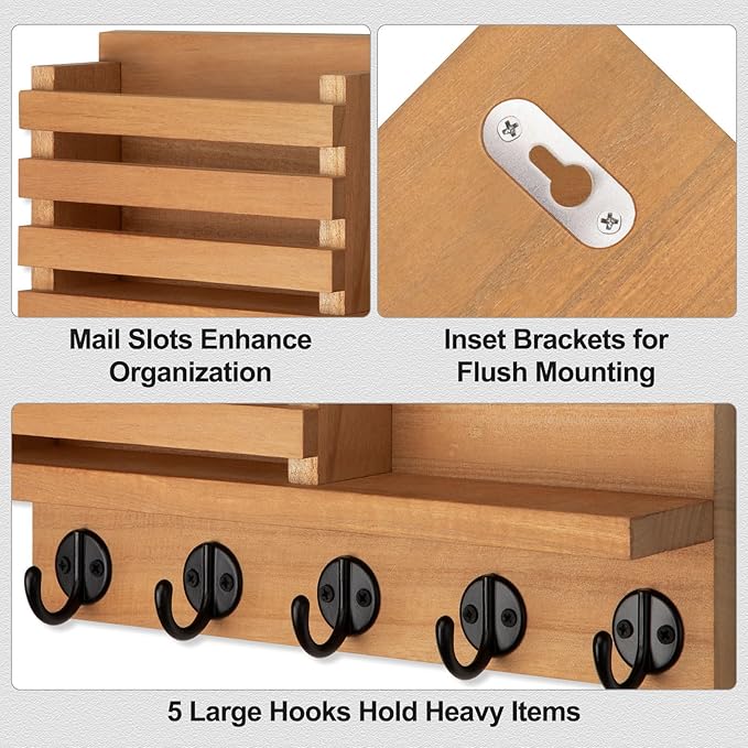 Key Holder for Wall – Decorative Wooden Mail Holder and Key Shelf with Mounting Hardware, Installation Guide – Paulownia Wood with 5 Metal Key Hooks (11.8” x 6.7” x 2.8”) (Light Brown)