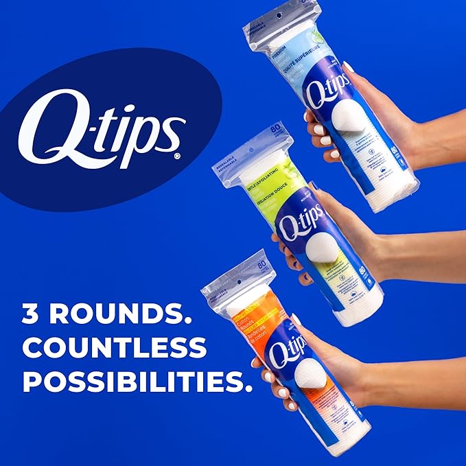 Q-Tips Gentle Exfoliating Cotton Rounds for Face, 100% Cotton, Dual Textured Lint Free Makeup Remover Pads, Cleansing Face Pads for Toner, Nail Polish Remover, Skin Care - 80 Count Per Pack, 6 Pack