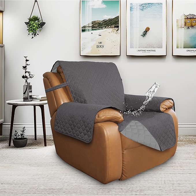 ISSUNTEX Double Protection 100% Waterproof Recliner Covers for Living Room, Reversible Furniture Protector Recliner Couch Sofa Slipcover for Dogs, Pets, Kids (Oversized Recliner, Gray/Light Gray)