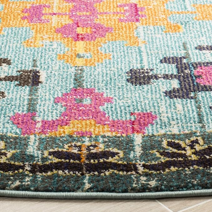 SAFAVIEH Monaco Collection 6'7" Round Blue/Multi MNC244N Boho Diamond Trellis Non-Shedding Dining Room Entryway Foyer Living Room Bedroom Area Rug