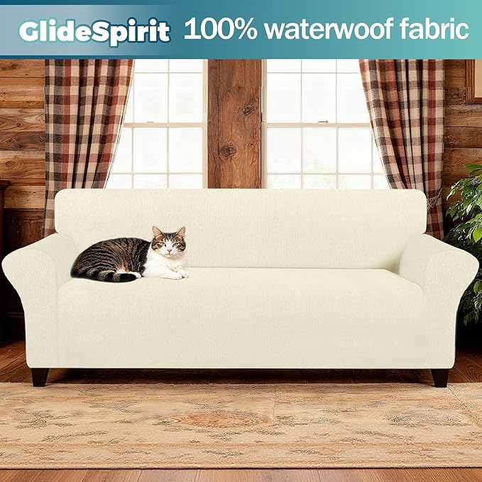 Waterproof Couch Cover, Stretch Non-Slip Sofa Slipcover with Elastic Bottom That Stays in Place - Leakproof Furniture Protector for Kids and Pets - Washable (Sofa, Light Yellow)